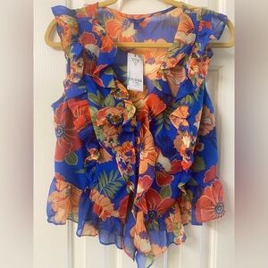 GUESS Vibrant Floral Sleeveless Sheer Ruffle Blouse - Size Large